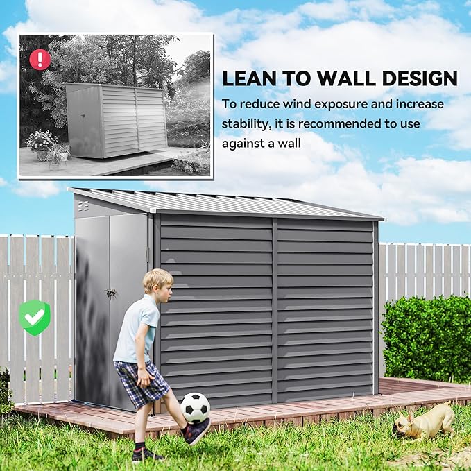 Outsunny 4.6' x 9' Steel Outdoor Storage Shed, Lean to Shed, Metal Tool House with Foundation Kit, Lockable Doors, Gloves and 2 Air Vents for Backyard, Patio, Lawn, Gray