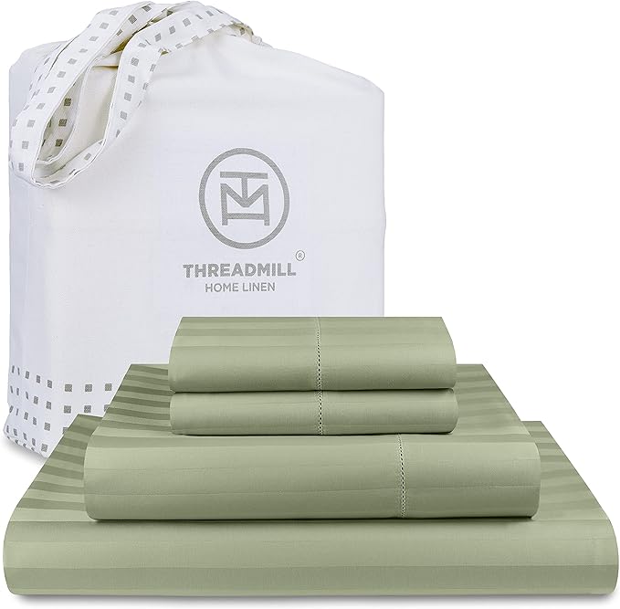 Threadmill 500 Thread Count Full-Size Damask Stripe, 4 Pc Luxury Cotton Bedding Set, Breathable Sage Green Sheets with 16" Elasticized Deep Pocket, 2 Pillowcases & Free Tote Bag