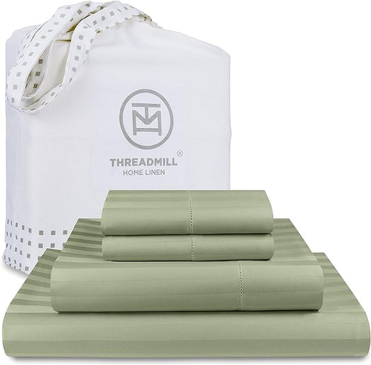 Threadmill 500 Thread Count Queen Size Damask Stripe, 4 Pc Luxury Cotton Bedding Set, Silky Smooth Sage Green Sheets with 16" Elasticized Deep Pocket, 2 Pillowcases & Free Tote Bag