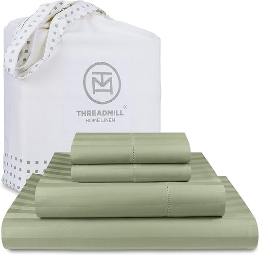 Threadmill 500 Thread Count King Size Damask Stripe, 4 Pc Luxury Cotton Bed Sheet Set, Silky Soft Sage Green Sheets with 16" Elasticized Deep Pocket, 2 Pillowcases & Free Tote Bag