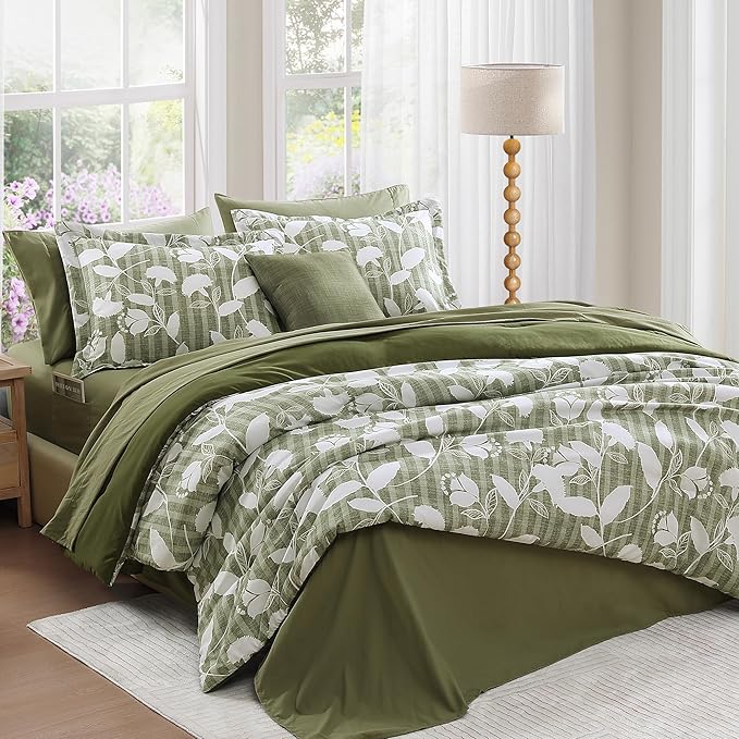 King Comforter Set -7 Pieces Olive Green Floral Comforter Set for All Seasons, Bed in a Bag King with Botanical Flowers Comforter, Sheets, Pillowcases & Shams