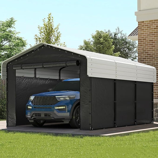 Real Relax 10×15FT Heavy Duty Carport with Removable Sidewalls, Metal Car Port Multi-Use Outdoor Storage Trucks, Cars, Boats, Galvanized Metal Roof, Cream White