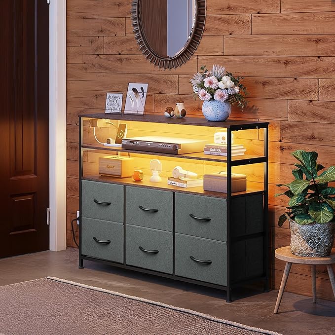 WLIVE Grey TV Stand for 40, 45 inch TV, Entertainment Center with LED Lights & Charging Station, TV Media Console Table with 6 Fabric Drawers and Open Shelves for Living Room, Hallway, Dark Grey