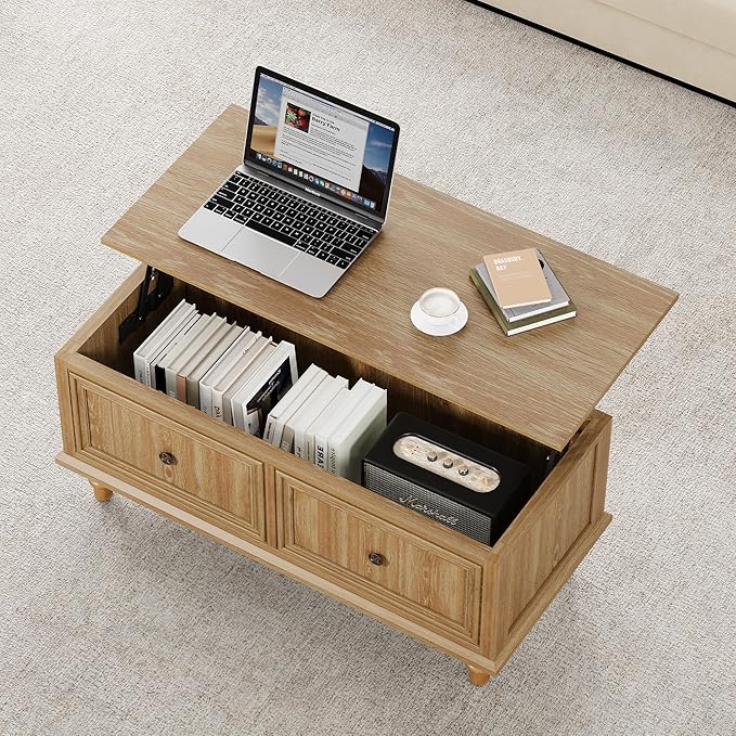 39" Lift Top Coffee Table for Hidden Compartment, Wood Coffee Tables with Shelf, Farmhouse Rectangular Center Table Dining Table for Living Room Home Office Small Space (Natural)