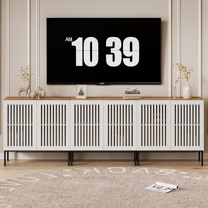 Farmhouse TV Stand for TVs up to 95 inch, 3 in 1 Entertainment Center TV Console with Storage Cabinets and Metal Base,Media Console for Living Room, Antique White