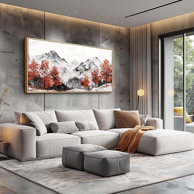 PHAOHUAXM Canvas Wall Art For Living Room Large Wall Decor For Bedroom Red Tree Ink-Wash Mountain Landscape Painting Wall Pictures Office Modern Restaurant Room Home Decoration Wood Framed 20"X40"