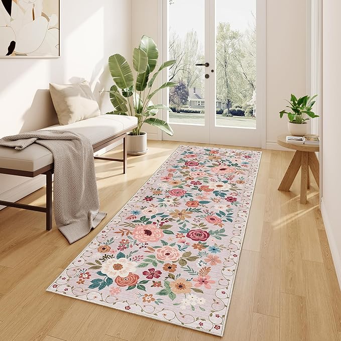 DUKINO Runner Rug, 2.6x8 Kitchen Runner Rug for Hallway with Non Slip Backing, Washable Low Pile Soft Boho Floral Carpet for Hallway, Kitchen, Entryway, Laundry, Bedroom, Beige