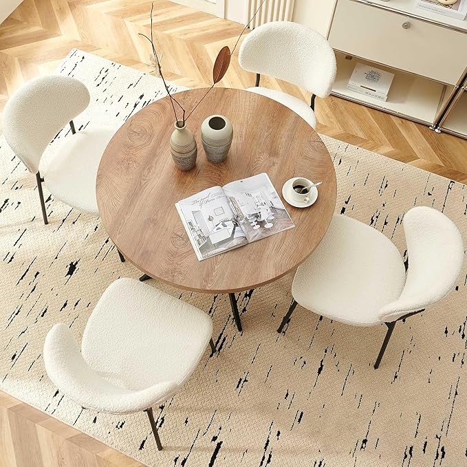 Round Dining Table Set for 4, Modern 5-Piece Kitchen Table Set, 37" Round MDF Living Coffee Table with 4 Seated Boucle Dining Chairs Upholstered, Metal Legs for Dining Hall, Living Room