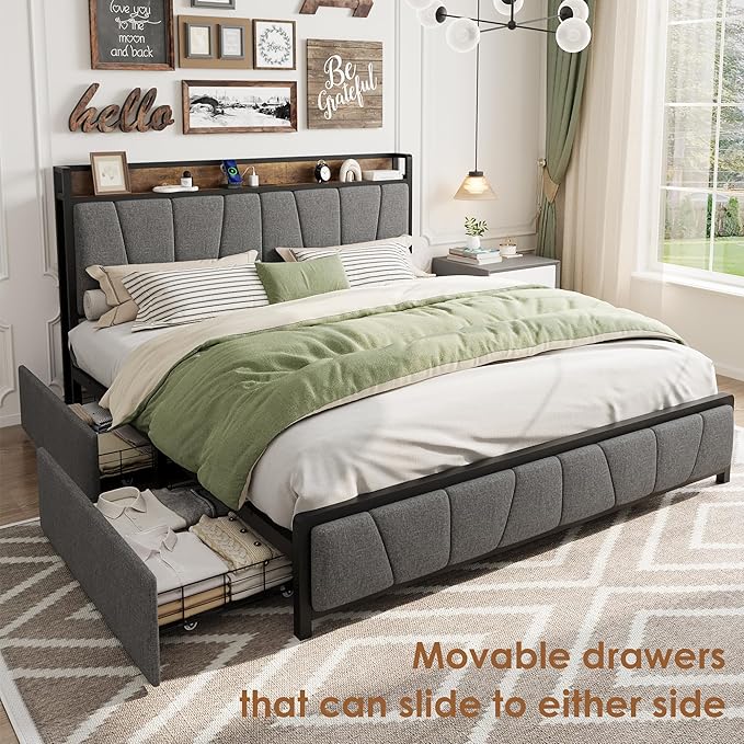 King Size Bed Frame with 2 Storage Drawers and Charging Station, Rustic Linen Upholstered Platform Bedframe with Storage Headboard, Heavy Duty, No Box Spring Needed, Easy Assembly, Noise Free,Grey