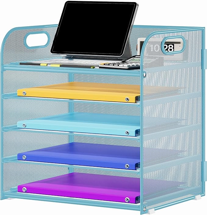 5 Tier Paper Organizer with Handle, Metal Mesh Desk Organizer File Folder Paper Letter Tray Desktop Document Sorter for Classroom, School, Office Accessories Organization and Storage - Blue
