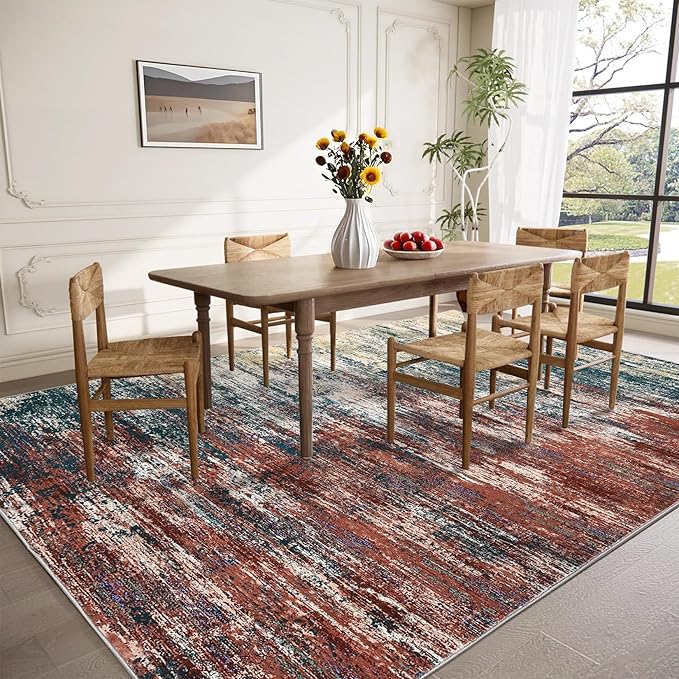 Washable Rug 9x12 Area Rug for Living Room, Non Slip Abstract Rug for Bedroom, Ultra Soft Area Rug, Low Pile Soft Contemporary Indoor Floor Carpet Cover, Red/Multi