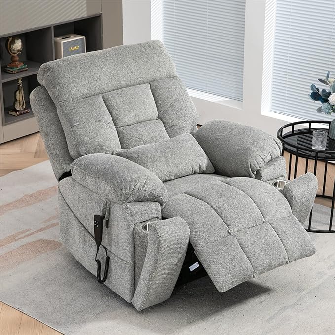 Large Power Lift Recliner Chair with Massage and Heat for Elderly, 26in Extra Wide Recliner Chair with Cup Holder Support Big and Tall People, 400lbs Capacity Adults, Light Grey