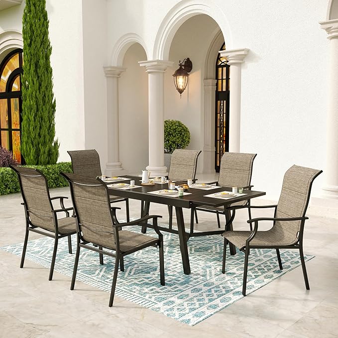 7 Piece Outdoor Dining Set for 6, 61.4"x37.4"x29.5" Rectangular Extendable Dining Table and 6 Textilene Patio Dining Chairs Outdoor Table and Chairs for Patio Lawn Garden Deck Backyard