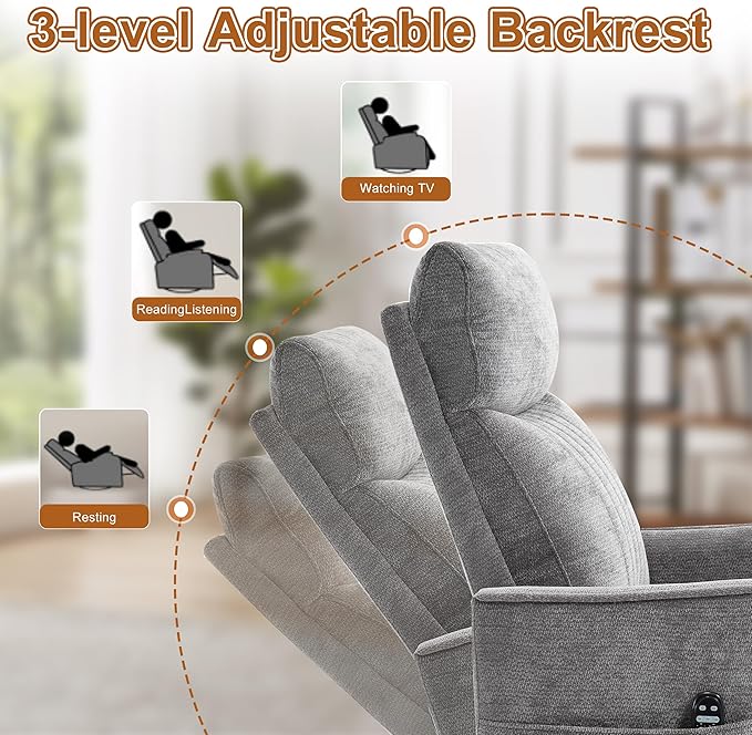 Manual Swivel Rocker Recliner Chair for Adults, Overstuffed Recliner Glider with Massage and Heat, Living Room Reclining Chair, Fabric Dark Gray