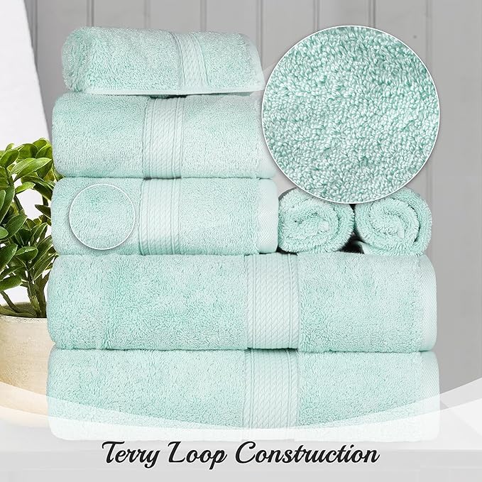 Superior Egyptian Cotton Pile Bath Towel Set of 2, Ultra Soft Luxury Towels, Thick Plush Essentials, Absorbent Heavyweight, Guest Bath, Hotel, Spa, Home Bathroom, Shower Basics, Sea Foam