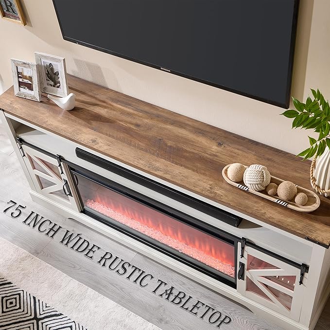 OKD Fireplace TV Stand for 85" TV, 33" Tall Highboy Farmhouse Entertainment Center w/ 42'' Electric Fireplace & LED Light, Rustic Media Console w/Sliding Barn Door for Living Room, Antique White