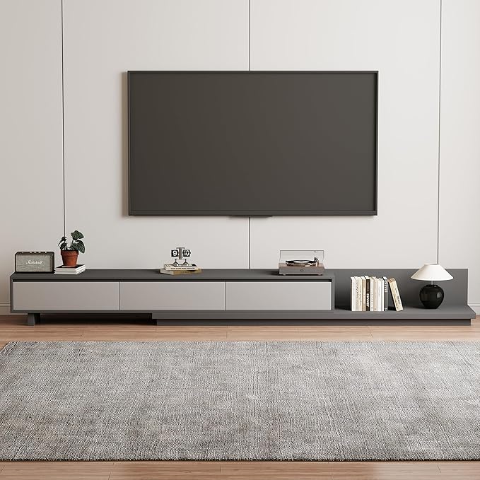 Adjustable TV Stand with 3 Drawers - Mid-Century Modern Extendable Entertainment Center for Living Room or Bedroom(78.7–130"), Stylish Gray Media Console