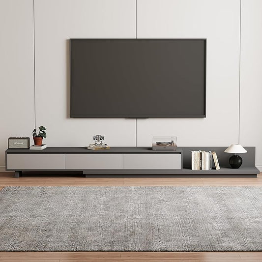 Adjustable TV Stand with 3 Drawers - Mid-Century Modern Extendable Entertainment Center for Living Room or Bedroom(78.7–130"), Stylish Gray Media Console