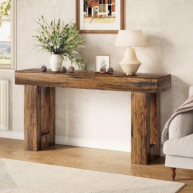 LITTLE TREE 63-Inch Long Console Tables for Entryway, Large Sofa Table Behind Couch, Wooden Entry Foyer Hallway Table, Industrial Console Sofa Tables for Living Room, Rustic Brown