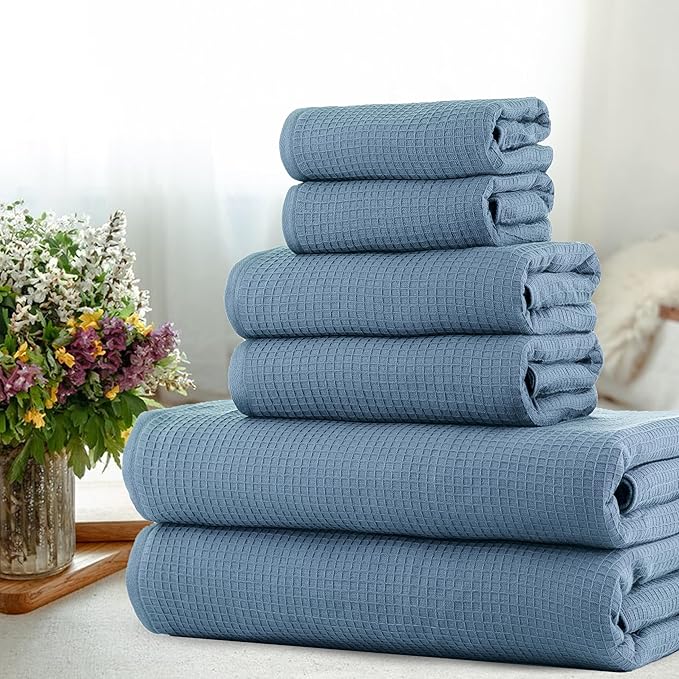 CASA COPENHAGEN Waffle Terry Towel 6Pcs Set, Cotton Extra Large Luxurious- Dusty Blue, 2Bath Sheets XL- 35 x 70 Inch, 2Large Hand Towels- 20 x 31Inch, 2Large Washcloths- 16 x 16 Inch
