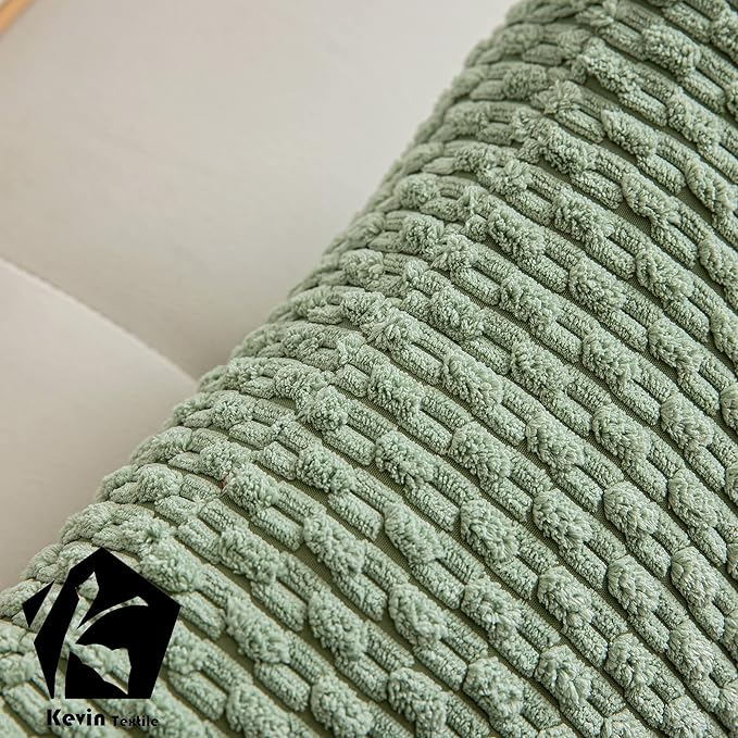 Kevin Textile 2 Packs Decorative Throw Pillow Covers 20x20 Inch for Living Room Couch Bed Spring Sofa Soft Striped Corduroy Square Cushion Case 50x50 cm Farmhouse Boho Home Decor Sage Green
