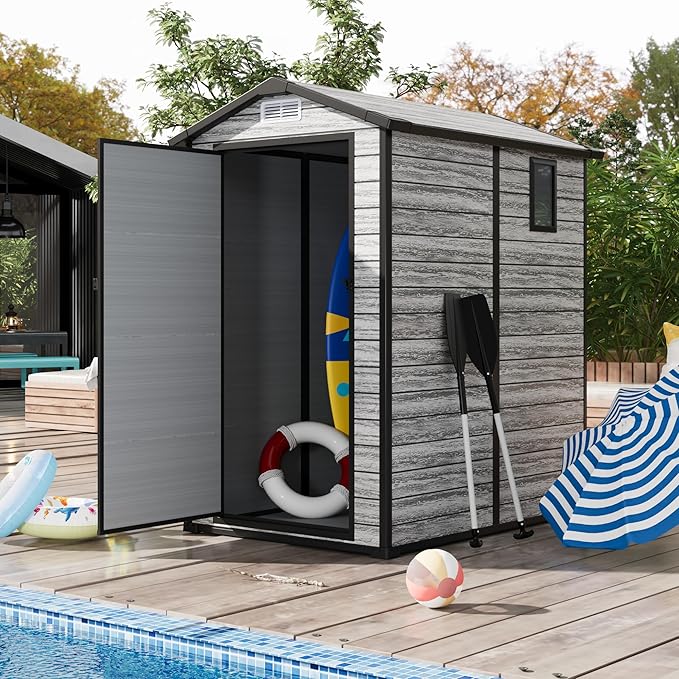 All-Weather Resin Shed with Window, Outdoor Plastic Garden Shed with Lockable Door and Vents, Outdoor Resin Storage Sheds for Tool, Bike, Backyard, Patio