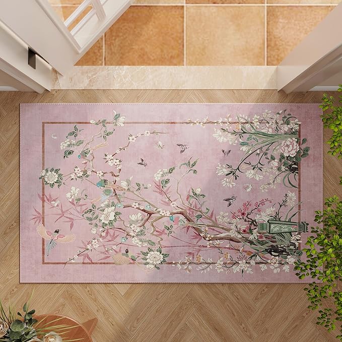 Door Mat Indoor Entrance 2x3 Rug Chinoiserie-Style Floral Vintage Machine Washable Small Area Rug Non-Slip Low Pile Throw Rugs for Entryway, Kitchen, Front Door, Entry, Kids Room, Pink