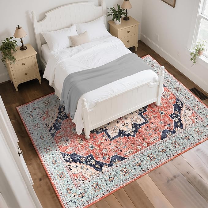 8x10 Area Rug for Living Room, Modern Washable Rug Non Slip Low Pile Large Area Rugs for Living Room, Bedroom, Farmhouse, Dining Room, Red&Blue