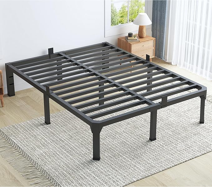 Full Bed Frame with Mattress Slide Stopper, 14 Inch Metal Platform Bed Frame, Heavy Duty Tall Bed Frame No Box Spring Needed with Large Storage Space, Easy Assembly, Noise Free