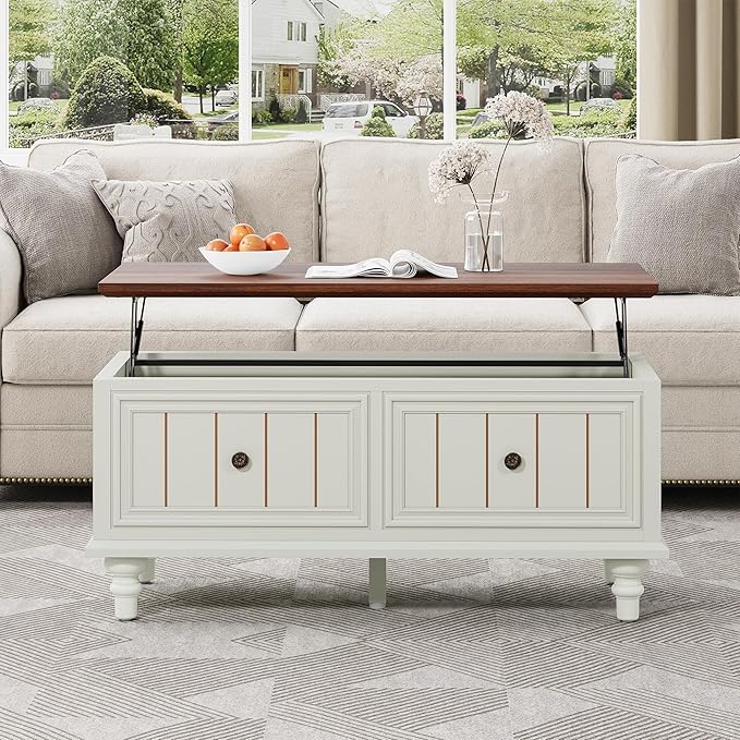 39" Lift Top Coffee Table for Hidden Compartment, Wood Coffee Tables with Shelf, Farmhouse Rectangular Center Table Dining Table for Living Room Home Office Small Space (Beige)