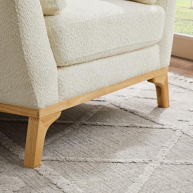 Large-Sized Accent Chair, Thick Cushion Bedroom Reading Chair, Comfortable Living Room Single Sofa, Boucle Milky White