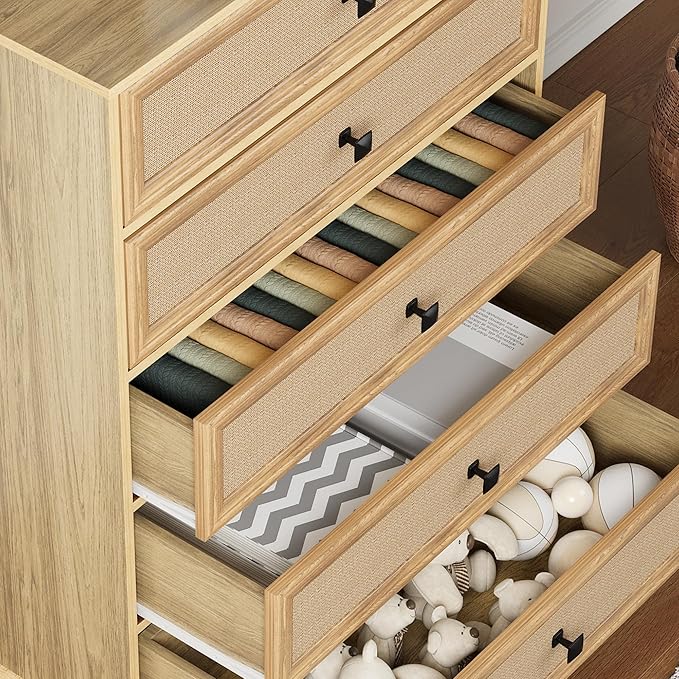 10 Drawer Dresser for Bedroom, Mid Century Modern Wide Wood Rustic Chest of Drawers Wooden Storage Organizer Dressers with Burlap Rattan Drawers for Living Room, Hallway Closet, Entryway, Natural