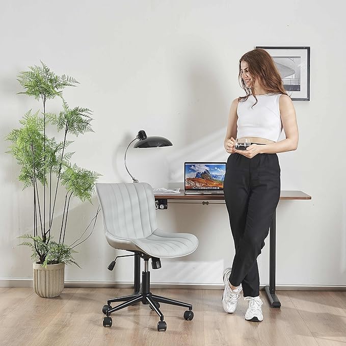 YOUNIKE Grey Home Office Desk Chair with Wheels Comfy Armless Vanity Chair with Back Modern Leather Upholstered Rolling Computer Task Chair Small Cute Drafting Sewing Chair Swivel Adjustable Ergonomic