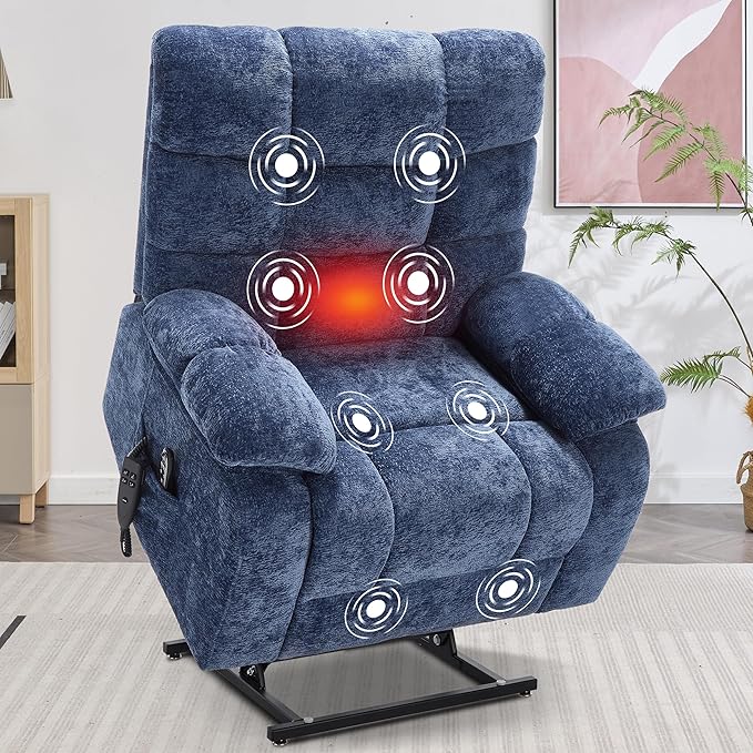 Lay Flat Recliner with Vibration Massage and Lumbar Heating, 26'' Wide Recliner Chair with Infinite Position and 2 Remote Controls, Soft Chenille Lift Recliner for Living Room, Blue