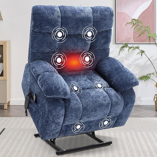 Lay Flat Recliner with Vibration Massage and Lumbar Heating, 26'' Wide Recliner Chair with Infinite Position and 2 Remote Controls, Soft Chenille Lift Recliner for Living Room, Blue