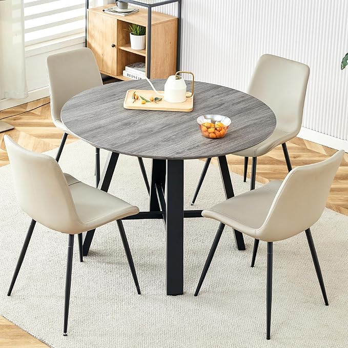 Round Dining Table Set for 4, Round Kitchen Dining Table and Chairs Set for 4,Modern 42" Wood Dining Room Table Set with PU Leather Chairs for Small Space Kitchen Office Cafe Apartment