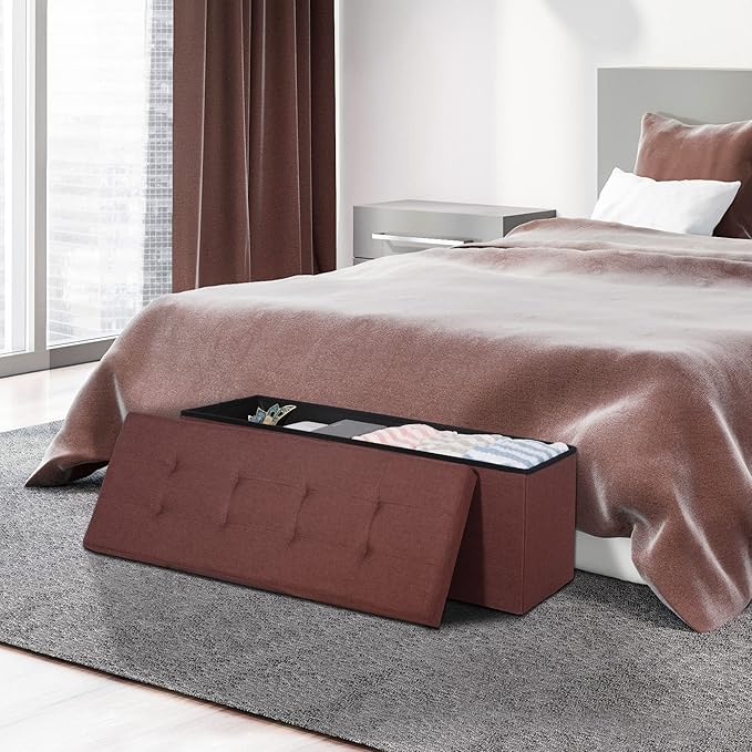 SUPER DEAL 43 Inches Folding Storage Ottoman Bench, Linen Footrest with Divider Foam Padded Seat Long Storage Chest Box for Living Room Bedroom Entryway, 660 lbs Capacity 15" x 43" x 15" Brown