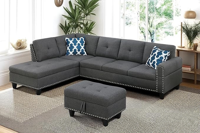 98 Inch L Shaped Sectional Sofa with Chaise Lounge, Storage Ottoman and 2 Pillows, 4-Seaters Linen Upholstered Tufted Couch w/Cupholder & Nailhead Trim for Living Room, Office, Dark Gray
