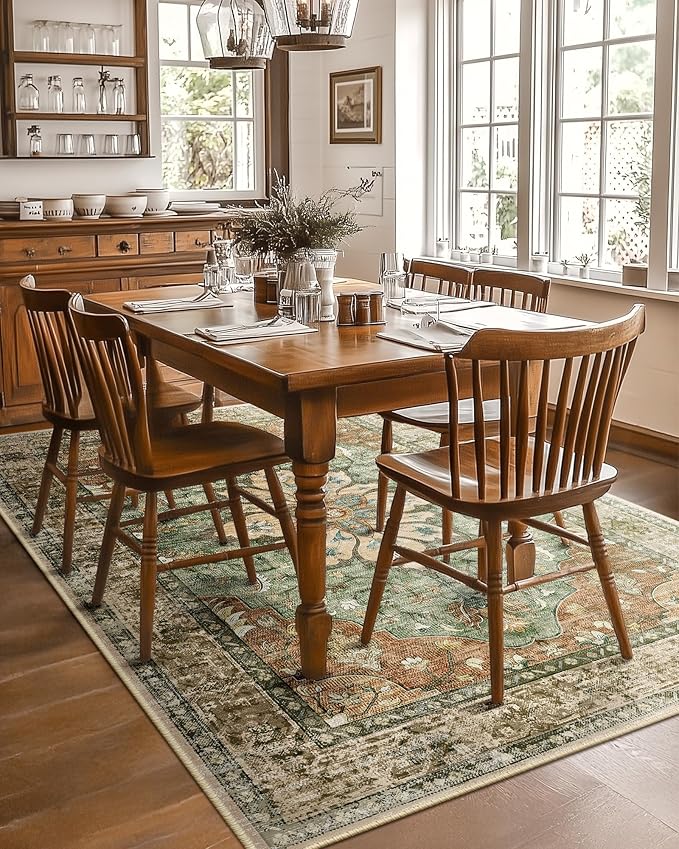 Area Rugs 5'x8' Washable Non-Slip, Floral Vintage Distress Print Pattern Medallion Carpet for Living Room Bedroom Dining Room, Brick Red Rust Neutral Brown Burnt Orange Green