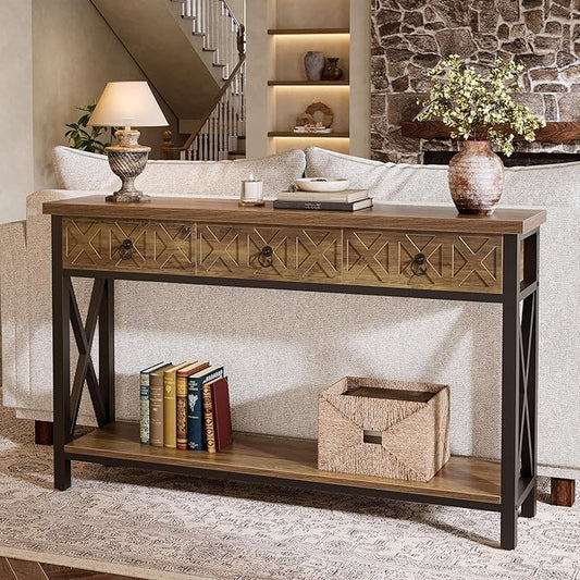 Tribesigns Farmhouse Narrow Console Table with 3 Drawers, 55" Long Rustic Entryway Table with 2-Tier Storage Shelf, Behind The Sofa Furniture for Living Room, Entrance, Hallway, Foyer, Brown & Black