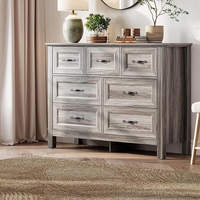 LINSY HOME Farmhouse 7 Drawers Dresser for Bedroom, Wood Chest of Drawers with Metal Handle, Wide Dresser Organizers for Bedroom, Nursery, Closet, Grey