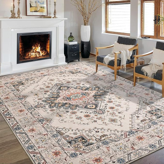 Living Room Rug 6x9 Rug, Machine Washable Area Rug Non Slip Low Pile Rug for Living Room, Bedroom, Farmhouse, Dining Room, Beige