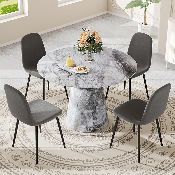 Round Dinning Table Set for 4, 45IN Kitchen Table Set with Faux Marble Table Top and PU Upholstered Chairs, Modern Dinner Table with Chairs Set for Dinning Room, Living Room