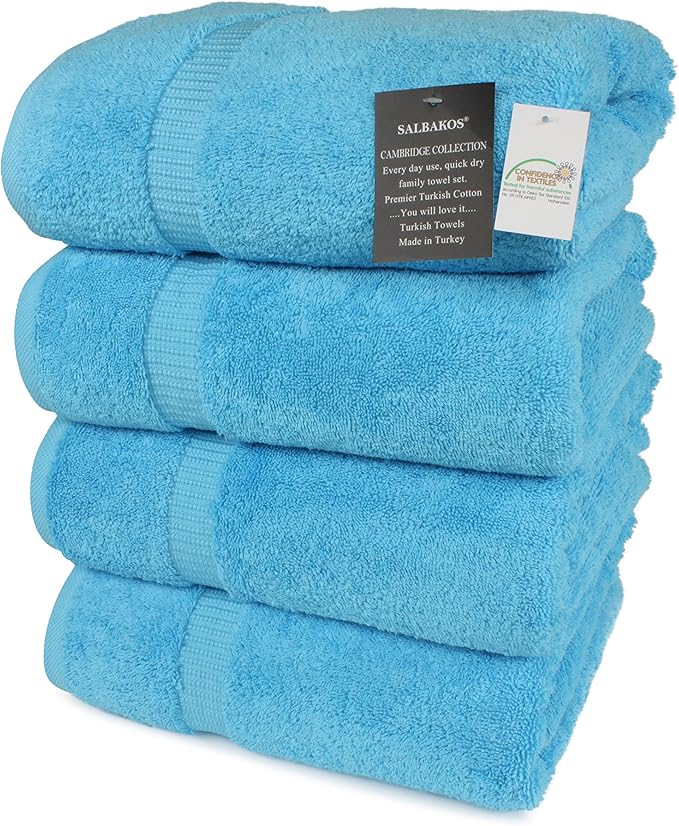 SALBAKOS 100% Turkish Cotton Bath Towel Set of 4 27x54 inch | Heirloom Quality | Hotel & Spa Collection | Ultra Soft, Super Absorbent, Long Lasting Bath Towels | Made in Turkey (Aqua, 4 Bath Towels)