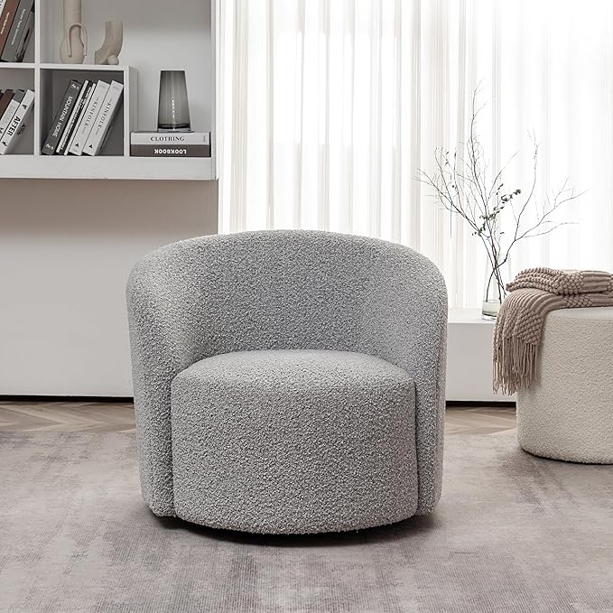 KINWELL 34" W Mid Century Modern Swivel Barrel Chair, Round Upholstered Boucle Swivel Accent Chairs, No Assembly Sofa Chair for Living Room Bedroom Reading Apartment Lounge Nursery(Black White)