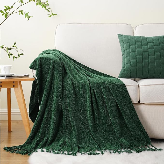 BATTILO HOME Chenille Knit Throw Blanket for Couch, Soft Cozy Dark Green Knit Throw Blanket with Fringe, Lightweight Throw Blanket for Home Decoration, 50"x60"
