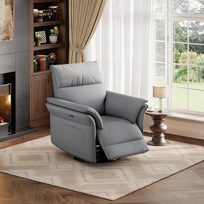 GarveeHome Power Recliner Chair Swivel Glider Upholstered Faux Leather Nursery Rocker Reclining Sofa Chair with Charging Port, Curved Armrests & Padded Backrest (Gray)