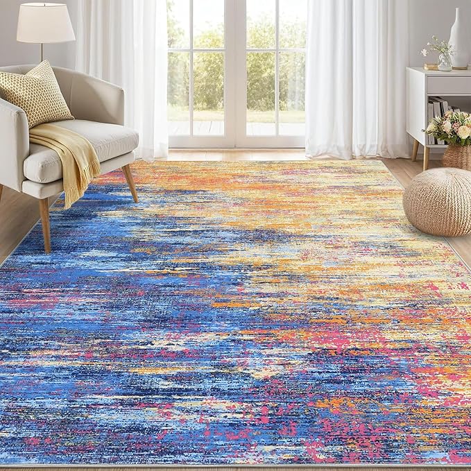 Washable Rug 9x12 Area Rug for Living Room, Non Slip Abstract Rug for Bedroom, Ultra Soft Area Rug, Low Pile Soft Contemporary Indoor Floor Carpet Cover, Blue/Orange