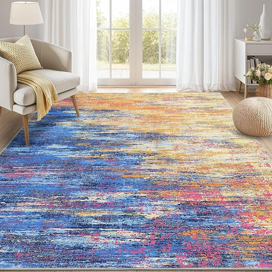 Washable Rug 9x12 Area Rug for Living Room, Non Slip Abstract Rug for Bedroom, Ultra Soft Area Rug, Low Pile Soft Contemporary Indoor Floor Carpet Cover, Blue/Orange