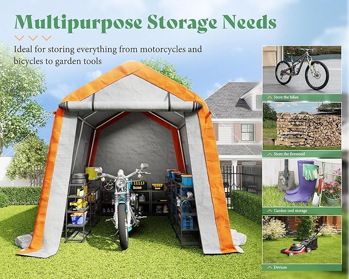 AMERLIFE 8x10x8 FT Heavy Duty Portable Shed Storage Shelter, Outdoor Storage Shed with 4 Waterproof Windows & Roll-Up Zipper Door, Carport for Motorcycle, Bike, Gray